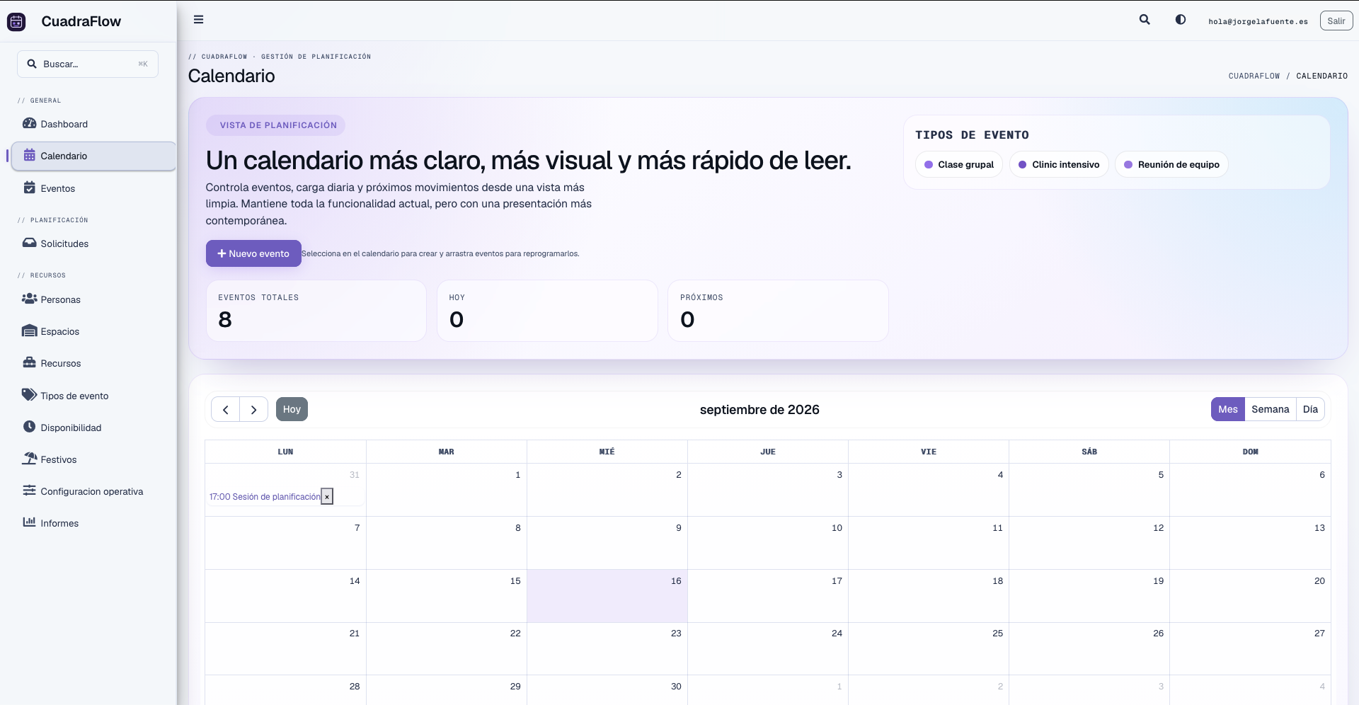 Calendario de eventos en CuadraFlow